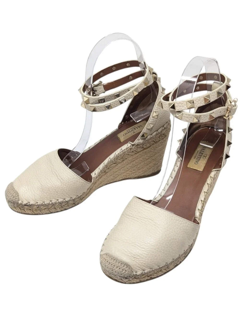 Valentino Garavani Rockstud Cream Leather Espadrille Wedges Size EU 38
